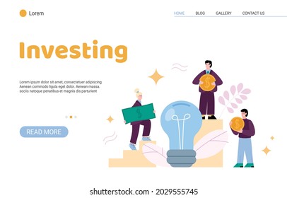 Landing page template with people investing money to business ideas, projects and startups. Investors carrying gold coins and banknote to bulb piggy bank. Vector flat illustration.
