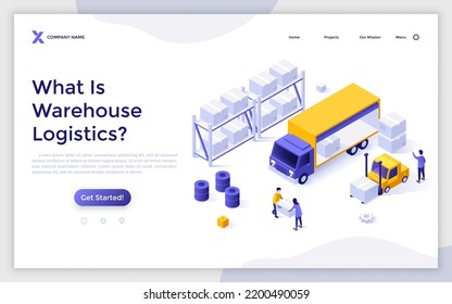 Landing page template with people loading truck, forklift and boxes on shelving. Concept of warehouse logistics and cargo transportation services. Modern isometric vector illustration for webpage.