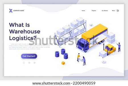 Landing page template with people loading truck, forklift and boxes on shelving. Concept of warehouse logistics and cargo transportation services. Modern isometric vector illustration for webpage.