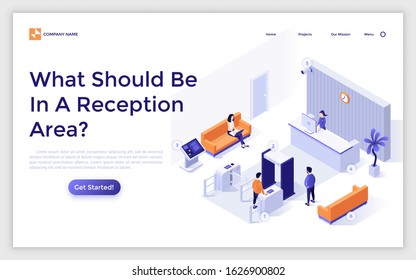 Landing page template with people at lobby room. Concept of furniture, security tools and equipment for reception area, entrance hall, public place or location. Modern isometric vector illustration.