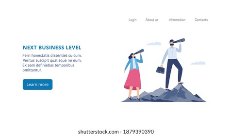 Landing page template with people look in spyglass for planning career, successful future, searching perspective and opportunity in business. Vector illustration.