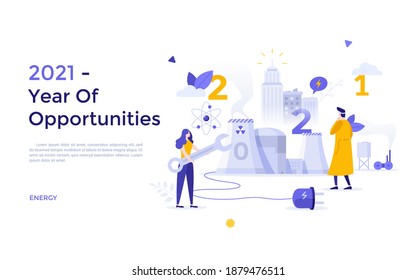 Landing page template with people looking at nuclear power plant. Concept of 2021 as year of opportunities for energy generation, electricity production. Modern flat vector illustration for webpage.