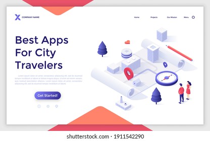 Landing page template with people looking at city map or plan and compass. Concept of mobile app or online service for urban navigation and travel. Modern isometric vector illustration for website.