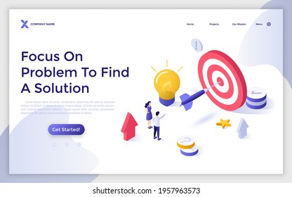 Landing page template with people looking at dart in dartboard. Concept of focus on problem to find solution, successful business goal achievement. Modern isometric vector illustration for website.