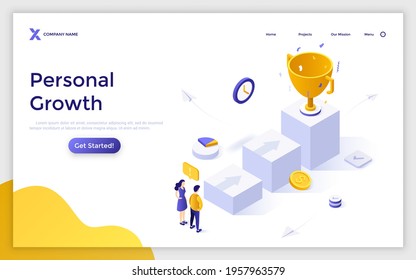 Landing page template with people looking at steps leading towards golden champion cup. Concept of personal growth, way to success, professional goal achievement. Modern isometric vector illustration.