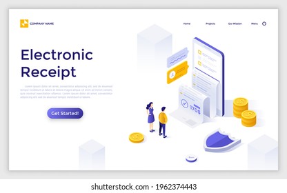 Landing page template with people looking at invoice coming out of slot in smartphone screen. Concept of digital or electronic receipt sent via mobile app. Isometric vector illustration for website.