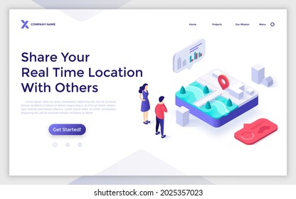 Landing Page Template With People Looking At City Map With Buildings. Concept Of Application For Sharing Real Time Location, Street Navigation. Modern Isometric Vector Illustration For Webpage.