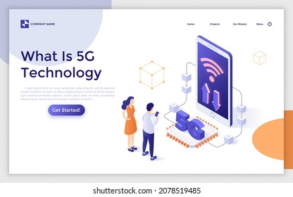 Landing Page Template With People Looking At Phone With Wifi Signal On Screen. Concept Of 5G Technology Standard For Mobile Devices, Broadband Internet Access. Modern Isometric Vector Illustration.