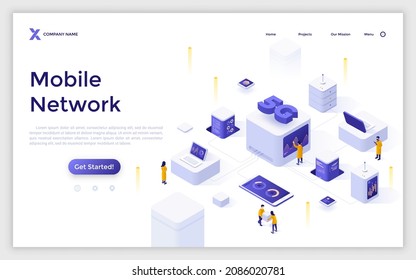 Plantilla de página de inicio con personas que observan gráficos y diagramas en pantallas de dispositivos. Concepto de redes móviles utilizando el estándar de tecnología 5G. Ilustración vectorial isométrica moderna para la página web.
