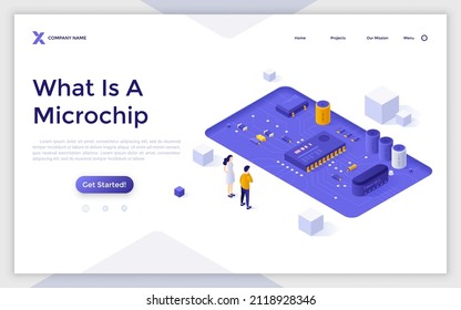 Landing page template with people looking at integrated circuit. Concept of semiconductor microchip or microcircuit technology, computer hardware. Modern isometric vector illustration for website.