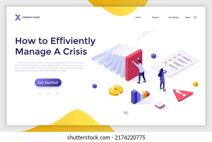 Landing Page Template With People Looking At Falling Dominos And Documents. Concept Of Managing Company Financial Crisis, Solving Business Problems. Modern Isometric Vector Illustration For Website.