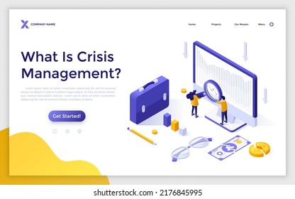 Landing page template with people looking at bar chart on computer screen through magnifying glass. Concept of crisis management, rescuing business project. Isometric vector illustration for webpage.