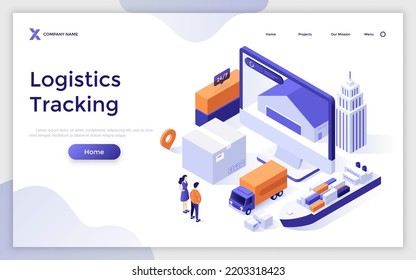 Landing page template with people looking at warehouse on computer screen, truck, cargo ship, containers. Concept of tracking of international transportation of goods. Isometric vector illustration.