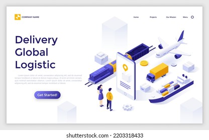 Landing page template with people looking at box on smartphone screen, aircraft, train, ship, truck. Concept of multimodal transportation of goods. Modern isometric vector illustration for website.