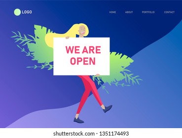 Landing page template people man and woman with banners, business app, cooming soon, we are open, start up and solution. Vector illustration concept website mobile development