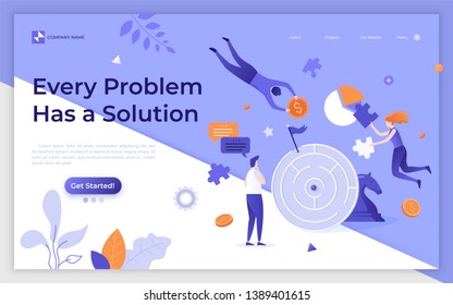 Landing page template with people or managers floating around maze. Business strategy, problem solving, strategic thinking and planning, brainstorm. Modern flat vector illustration for website.