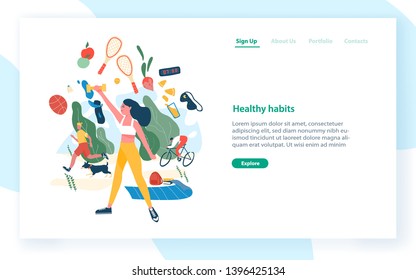 Landing page template with people performing sports activities and wholesome food. Healthy habits, active lifestyle, fitness, dietary nutrition. Modern flat vector illustration for advertisement.