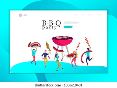 Landing page template people preparing barbecue. BBQ party. People grilling meat. Conceptual Modern and Trendy colorful vector illustration. Web template.