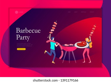 Landing page template people preparing barbecue. BBQ party. People grilling meat. Conceptual Modern and Trendy colorful vector illustration. Web template.