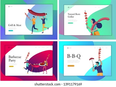 Landing page template people preparing barbecue. BBQ party. People grilling meat. Conceptual Modern and Trendy colorful vector illustration. Web template.