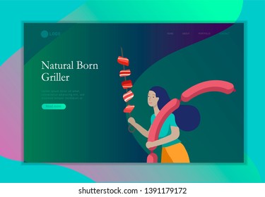 Landing page template people preparing barbecue. BBQ party. People grilling meat. Conceptual Modern and Trendy colorful vector illustration. Web template.