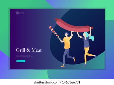 Landing page template people preparing barbecue. BBQ party. People grilling meat. Conceptual Modern and Trendy colorful vector illustration. Web template.