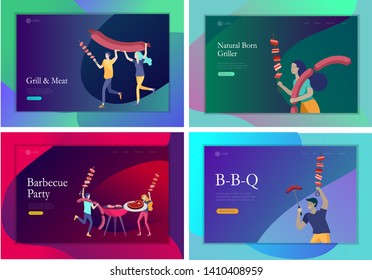 Landing page template people preparing barbecue. BBQ party. People grilling meat. Conceptual Modern and Trendy colorful vector illustration. Web template.