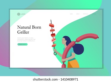 Landing page template people preparing barbecue. BBQ party. People grilling meat. Conceptual Modern and Trendy colorful vector illustration. Web template.