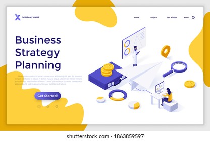 Landing page template with people preparing giant paper plane for launch, briefcase, money, diagrams. Concept of business strategy planning, project management. Modern isometric vector illustration.