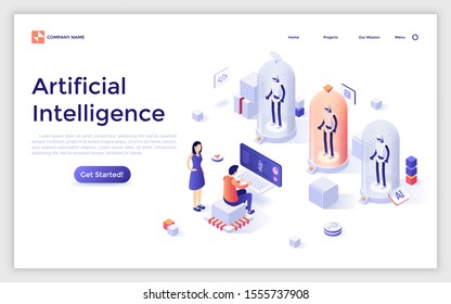 Landing page template with people programming algorithm for robots put inside glass pods. Concept of artificial intelligence, machine learning, modern technology. Isometric vector illustration.