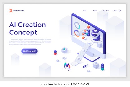 Landing page template with people putting building blocks on conveyor belt and robot head inside giant computer. Concept of creation of artificial intelligence. Modern isometric vector illustration.