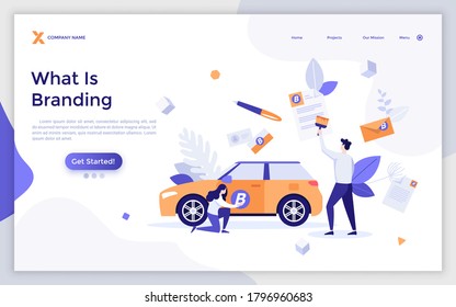 Landing Page Template With People Putting Company's Logotype On Car And Merchandise Products. Concept Of Corporate Identity And Branding. Modern Colorful Flat Vector Illustration For Internet Service.