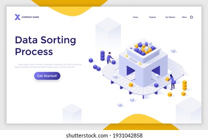 Landing page template with people putting cubes on conveyor belt. Concept of data sorting process, algorithm analysis, database information research. Modern isometric vector illustration for webpage.