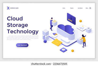 Landing page template with people putting cubes into cloud. Concept of digital information storage technology, downloading files in internet database. Modern isometric vector illustration for webpage.