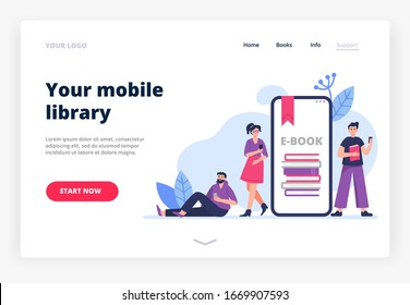 Landing page template with people reading books and learning on their phones. Vector illustration in flat style can be used by libraries, apps, stores, schools or e-commerce.