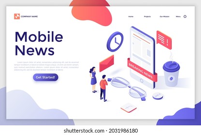 Landing page template with people reading online newspaper on smartphone screen. Concept of news application for mobile devices, subscription to internet media. Modern isometric vector illustration.