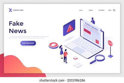 Landing Page Template With People Reading Newspaper On Laptop Computer And Warning Signs. Concept Of Fake News, Internet Media With False Misleading Information. Modern Isometric Vector Illustration.