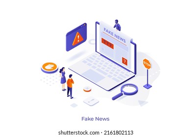 Landing Page Template With People Reading Newspaper On Laptop Computer And Warning Signs. Scene For Fake News, Internet Media With False Misleading Information. Modern Isometric Vector Illustration.