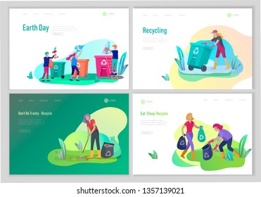 Landing page template with people Recycle Sort Garbage in different container for Separation to Reduce Environment Pollution. Family with kids collect garbage. Earth Day vector cartoon illustration