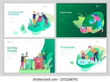 Landing page template with people Recycle Sort Garbage in different container for Separation to Reduce Environment Pollution. Family with kids collect garbage. Earth Day vector cartoon illustration