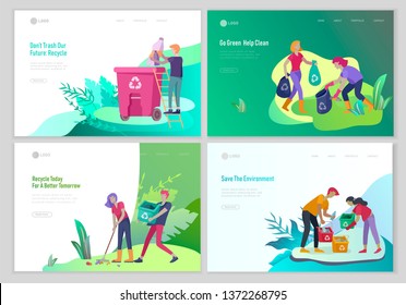 Landing page template with people Recycle Sort Garbage in different container for Separation to Reduce Environment Pollution. Family with kids collect garbage. Earth Day vector cartoon illustration