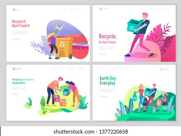 Landing page template with people Recycle Sort Garbage in different container for Separation to Reduce Environment Pollution. Family with kids collect garbage. Earth Day vector cartoon illustration