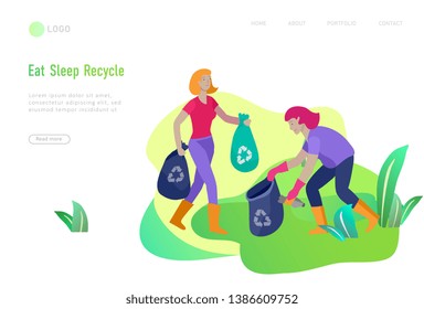 Landing page template with people Recycle Sort Garbage in different container for Separation to Reduce Environment Pollution. Family with kids collect garbage. Earth Day vector cartoon illustration