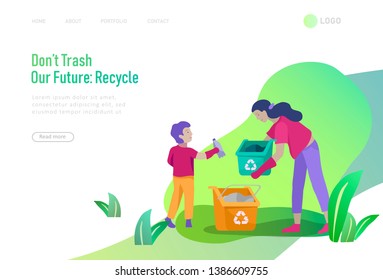 Landing page template with people Recycle Sort Garbage in different container for Separation to Reduce Environment Pollution. Family with kids collect garbage. Earth Day vector cartoon illustration