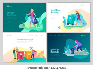 Landing page template with people Recycle Sort Garbage in different container for Separation to Reduce Environment Pollution. Family with kids collect garbage. Earth Day vector cartoon illustration