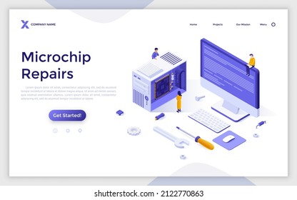 Landing page template with people reparing integrated circuit or microchip inside system unit. Concept of computer hardware or microprocessor maintenance. Isometric vector illustration for webpage.