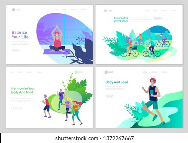 Landing page template with People running, riding bicycles, man doing yoga. People performing sports outdoor activities at park or Nature, healty life style concept. Cartoon illustration