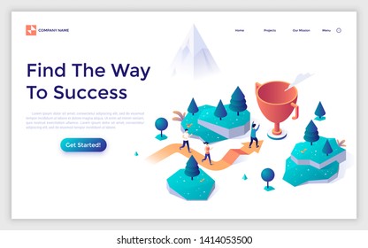 Landing page template with people running along giant arrow, man winning golden champion cup and celebrating victory. Find The Way To Success. Modern isometric vector illustration for web banner.