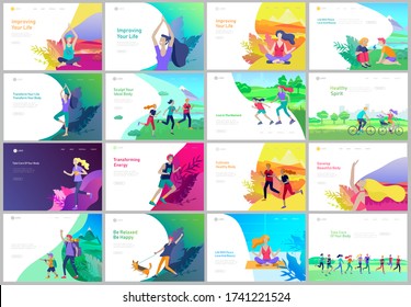 Landing page template with People running, riding bicycles, man doing yoga. People performing sports outdoor activities at park or Nature, healty life style concept. Cartoon illustration