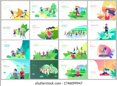 Landing page template with People running, riding bicycles, man doing yoga. People performing sports outdoor activities at park or Nature, healty life style concept. Cartoon illustration